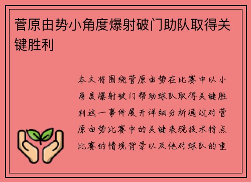 菅原由势小角度爆射破门助队取得关键胜利 菅原由势小角度爆射破门助队取得关键胜利